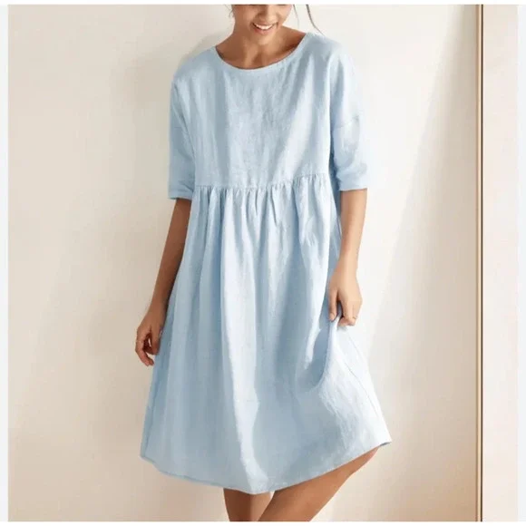 Lintico 100% Linen A Line Midi Dress Size M New Baby Blue Lagenlook Valencia - Picture 1 of 10